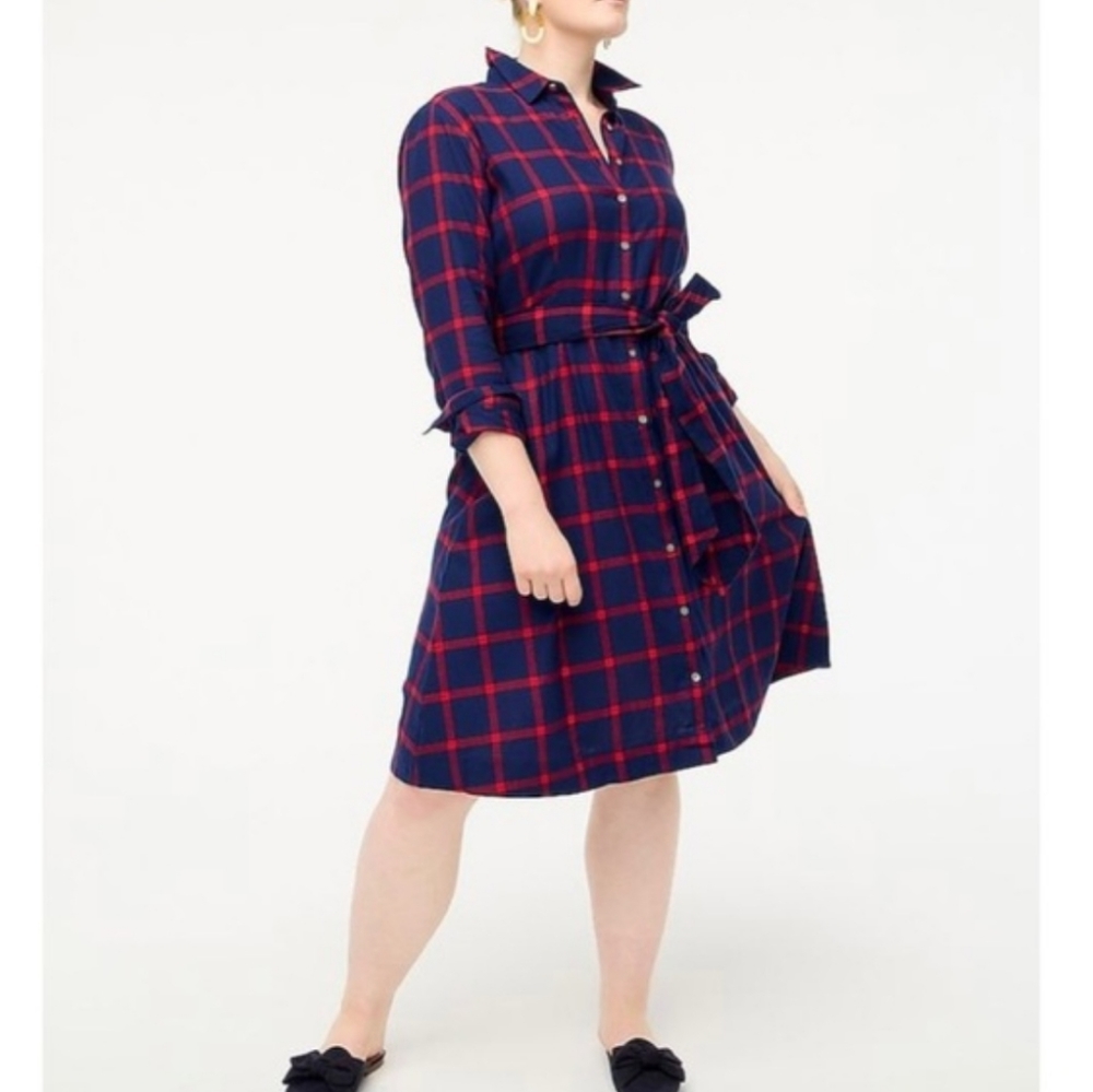 J. Crew Factory Navy and Red Plaid Button-Front Midi Shirt Dress